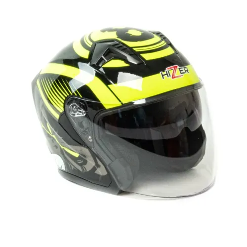 Шлем мото открытый HIZER J228 (S) black/neon yellow (2 визора) (14693)