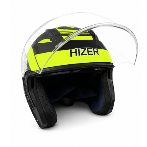 Шлем мото открытый HIZER J228 (S) black/neon yellow (2 визора) (14693)