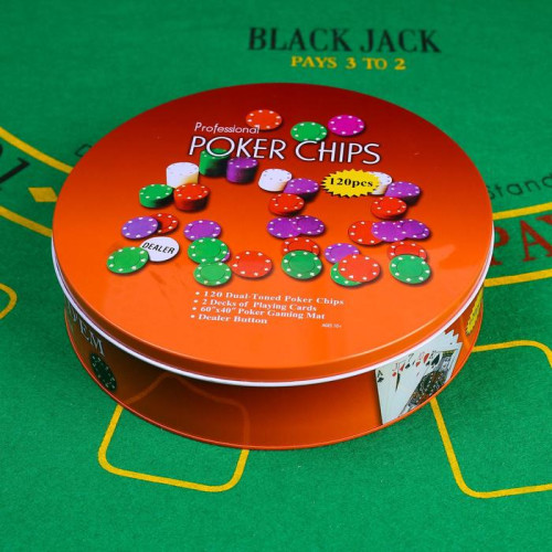 Игра настольная ПОКЕР POKER CHIPS (120 фишек с номиналом, 1 фишка дилера, сукно, карты 2 колоды) (427372)