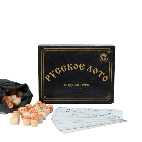 Игра настольная ЛОТО РУССКОЕ в деревянной черной шкатулке, рисунок золото  (272-18)