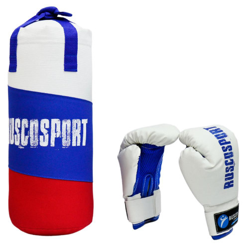 Набор боксерский детский RUSCOsport (перчатки 6 ун., к/з + мешок) триколор синий