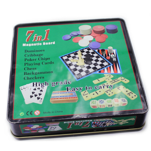 Игра настольная 7 в 1 Magnetic Board (магнитное поле, домино, карты, нарды, шашки, шахматы, 60 покерных фишек, крибидж)