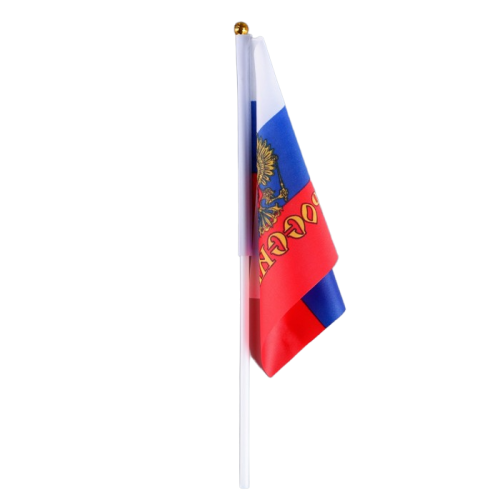 Флаг РОССИЯ, с гербом, 14 х 21 см, шток 30 см, полиэфирный шёлк  (3653417)