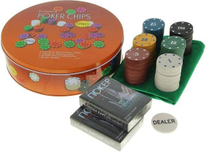 Игра настольная ПОКЕР POKER CHIPS (120 фишек с номиналом, 1 фишка дилера, сукно, карты 2 колоды) (427372)