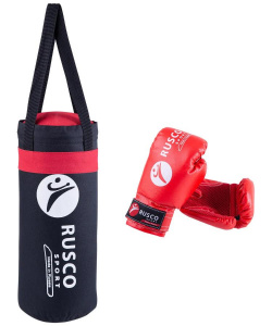 Набор боксерский детский RUSCOsport (перчатки 4 ун., к/з + мешок) черный/красный
