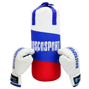 Набор боксерский детский RUSCOsport (перчатки 6 ун., к/з + мешок) триколор синий