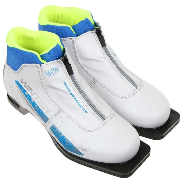 Ботинки лыжные 75мм TREK Winter Comfort 3, цв. белый/синий/лайм-неон, лого серебристый, р.35