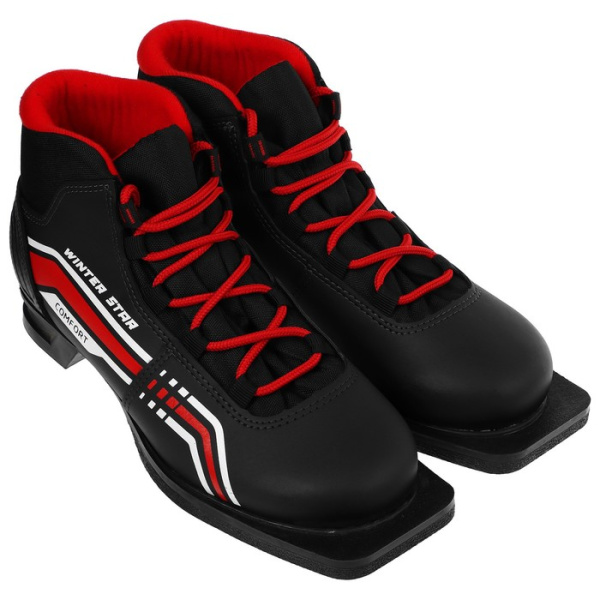 Ботинки лыжные 75мм WINTER STAR COMFORT иск. кожа, цв. чёрный/красный, лого белый, р.39