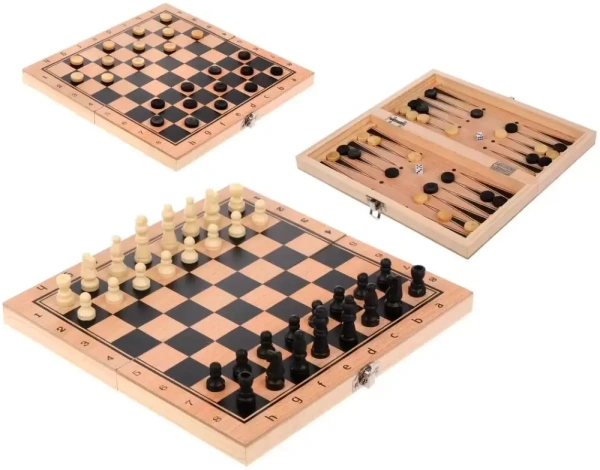 Игра настольная 3 в 1 4034 (нарды, шахматы, шашки). Материал:  дерево. Размер доски 40х40 см