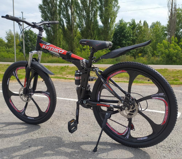 Велосипед KIMIKO 26" (24ск., литые колеса, скл рама, двухподвес) черный/красный