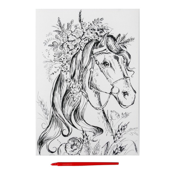 Гравюра "Лошадь в цветах" с металлическим эффектом золото А4 (4528672)